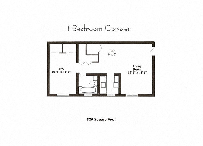 Floor plan for 1 bed, 1 bath, 620 sqft